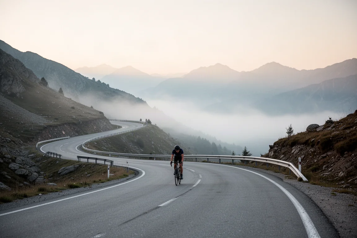 Radfahrer bei einer langen Serpentinen-Auffahrt im ersten Licht mit Nebel im Tal