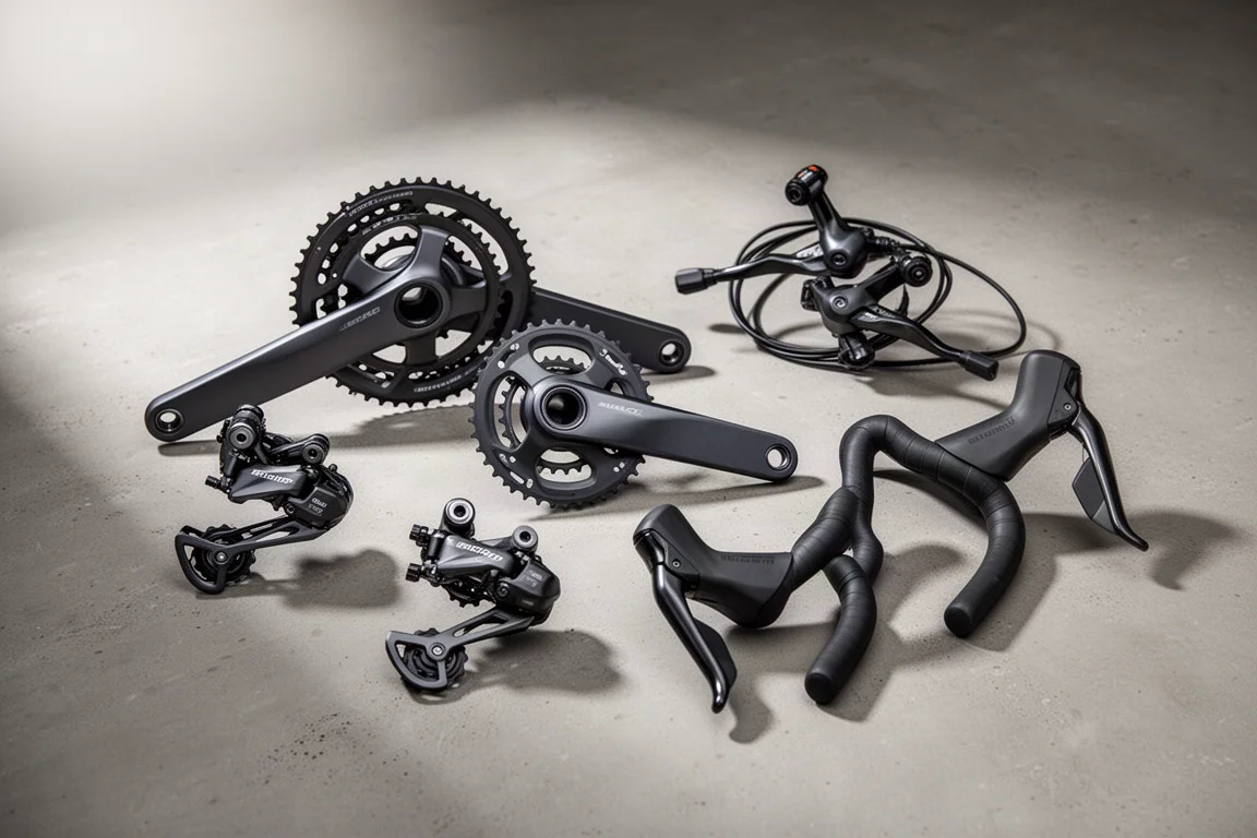 マットなコンクリート面に並べられた現代のロードバイク用グループセットのコンポーネント