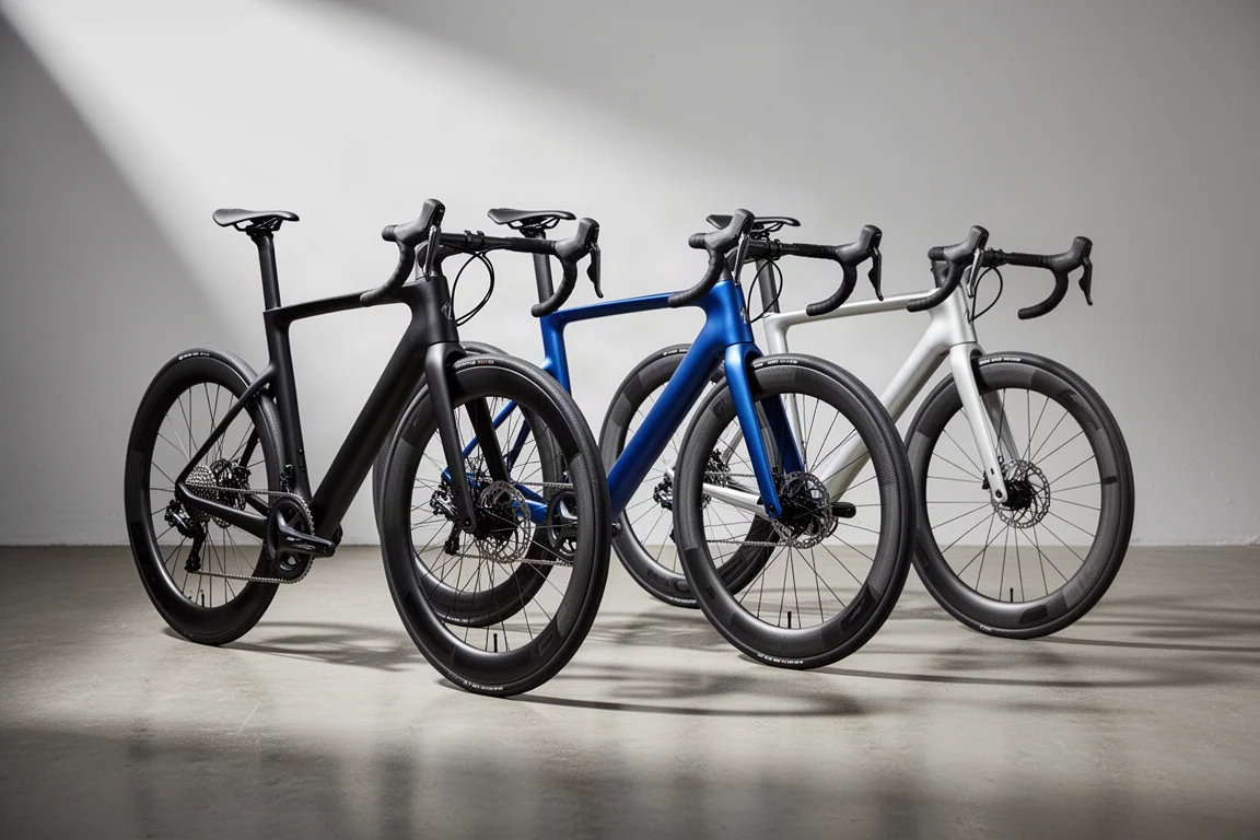 Three modern road bikes lined up in a minimal showroom on a smooth concrete floor