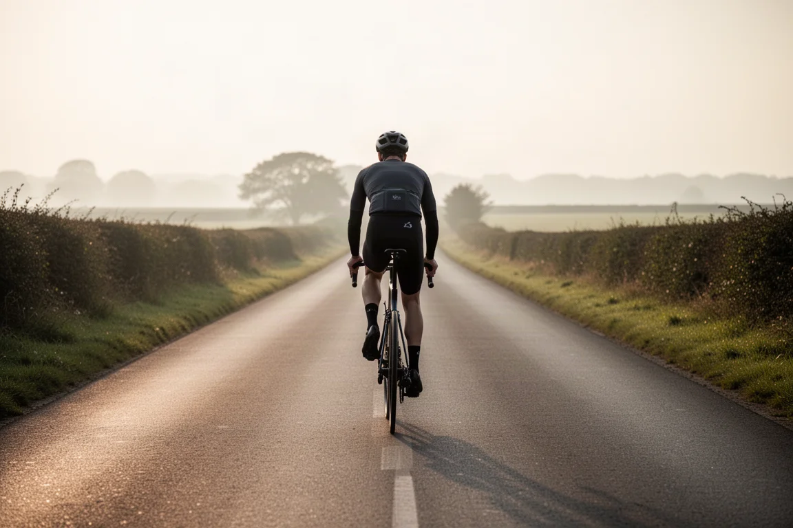 Rowerzysta jadący rowerem endurance po prostej wiejskiej drodze o wschodzie słońca