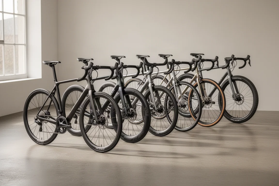 Zes racefietsen op een rij in een lichte minimalistische studio op een matte betonvloer