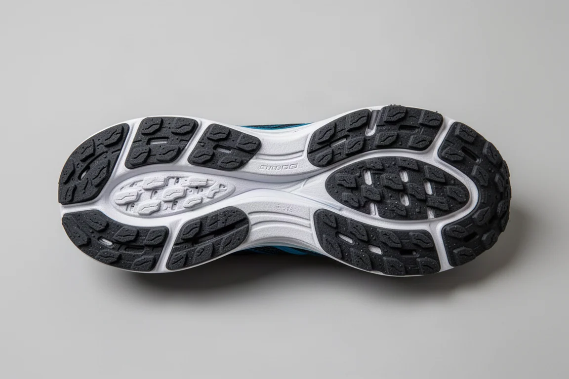 Unterseite einer Laufschuh-Außensohle mit dichter Gummiabdeckung