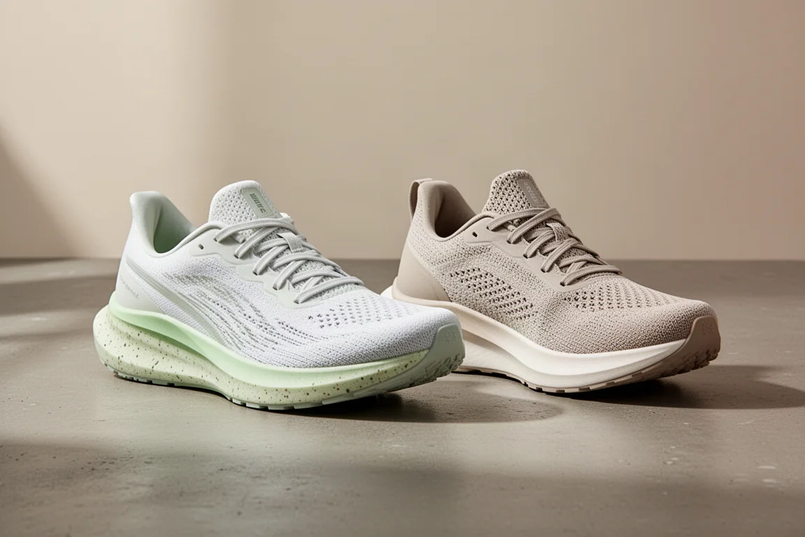 Saucony Axon 3 and Asics Dynablast 3 running shoes side by side on concrete