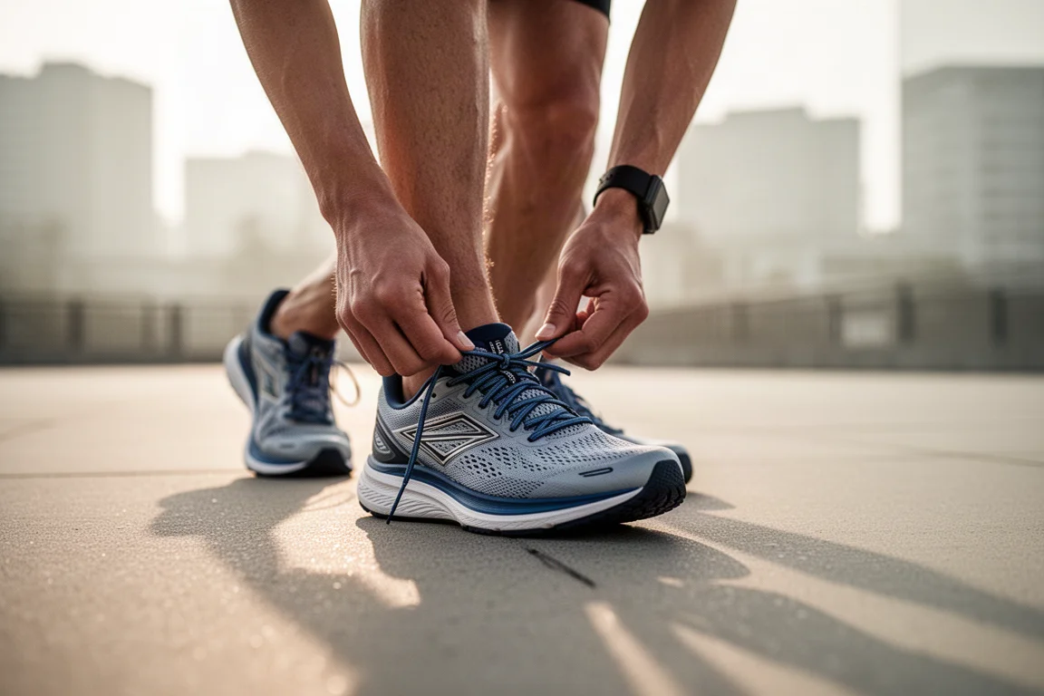 Un corridore allaccia le scarpe da running su asfalto nella morbida luce del mattino