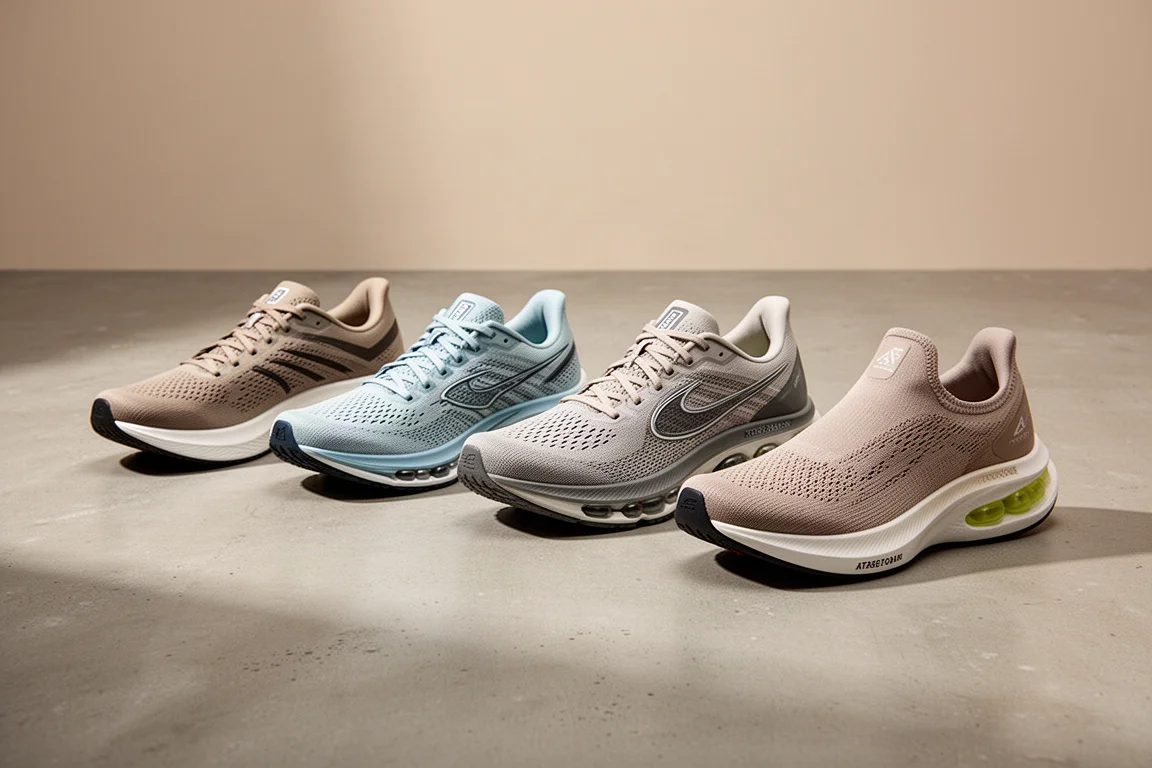 Five road running shoes arranged in a row on a matte concrete surface