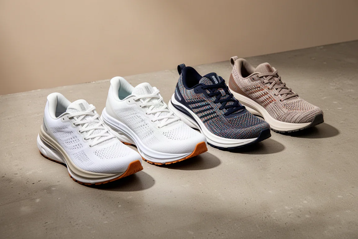 Six running shoes arranged in a row on a concrete surface