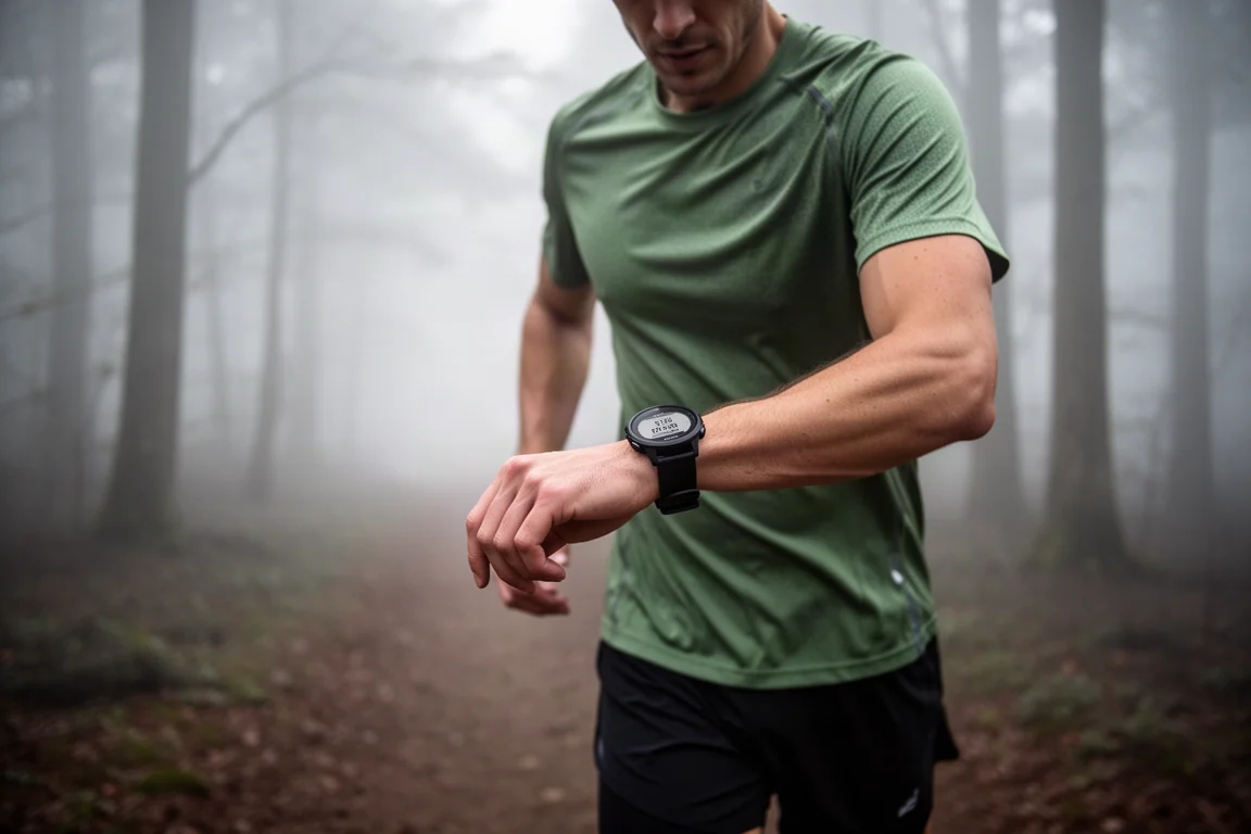 Läuferin prüft eine GPS-Sportuhr auf einem nebligen Morgentrail