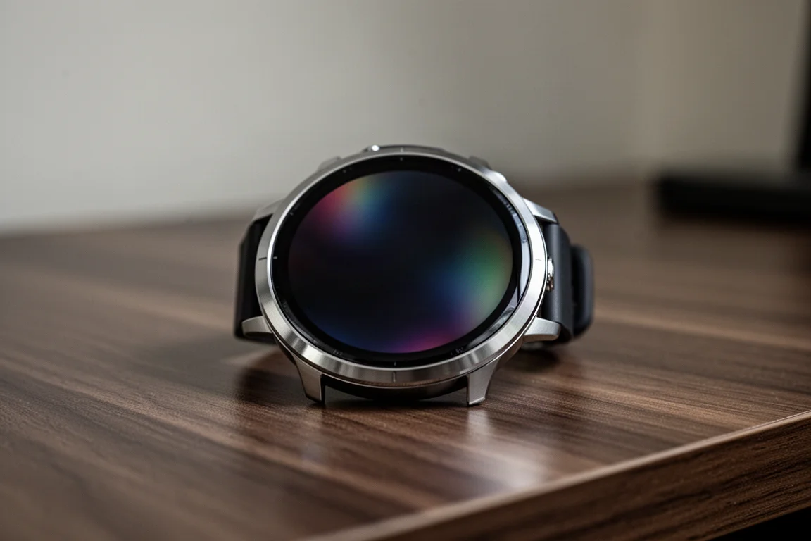 Nahaufnahme eines leuchtenden runden AMOLED-Sportuhr-Displays auf einem Schreibtisch aus Holz