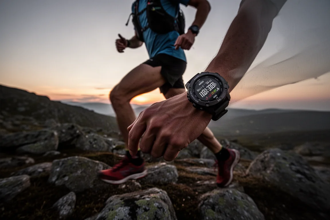 Trailrunner durchquert in der Dämmerung felsiges Hochlandgelände mit robuster Uhr am Handgelenk