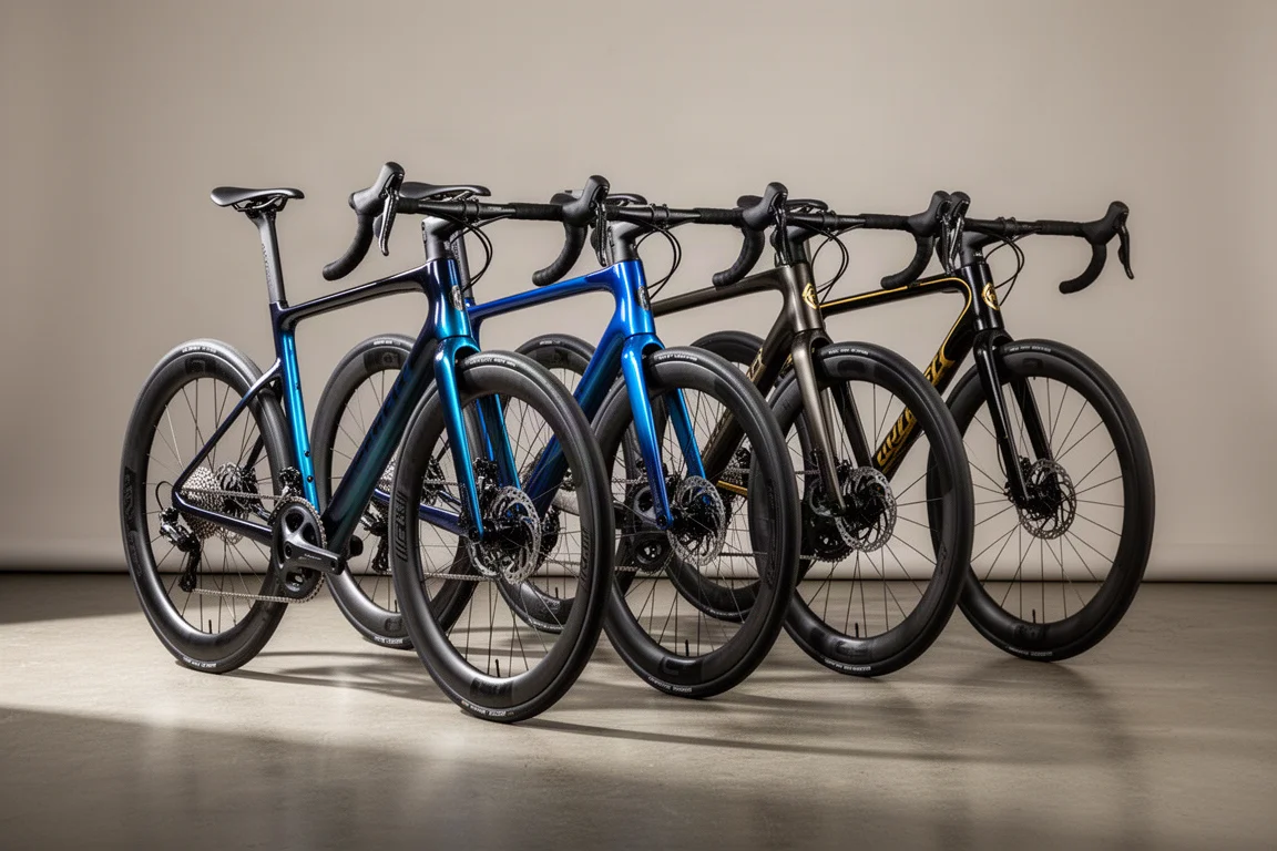 Fyra kolfiberracercyklar uppradade på ett betonggolv i studio