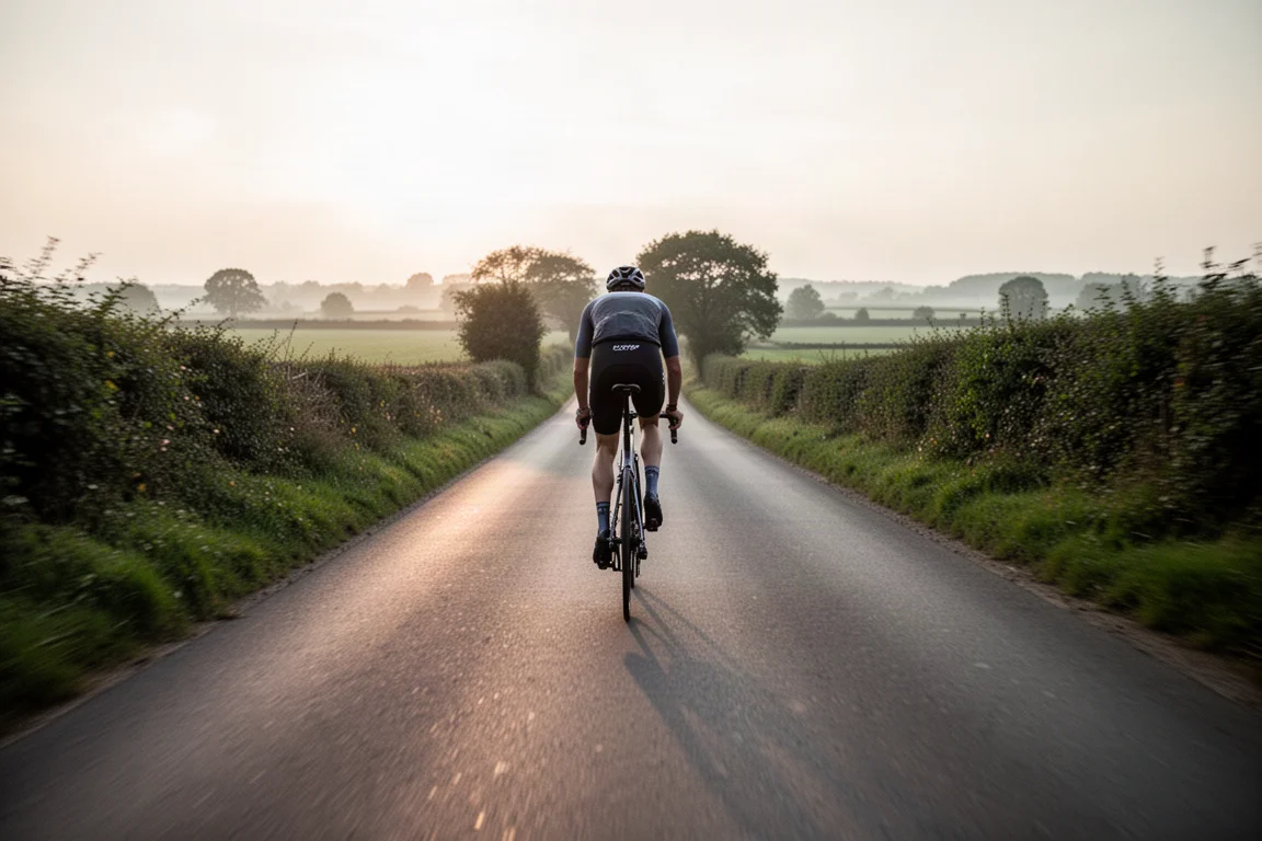 Ciclista su bici da strada endurance lungo una tranquilla strada di campagna all'alba