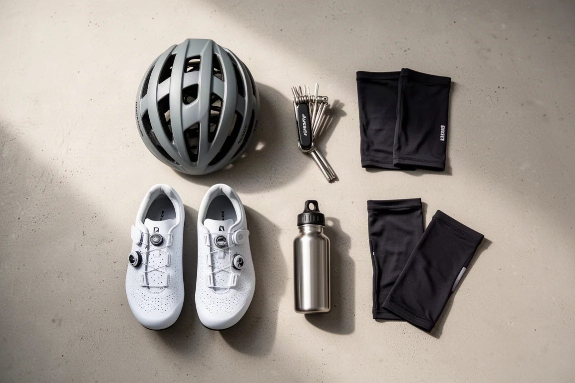 Vista dall'alto di un kit ciclistico con casco, scarpe, borraccia e multi-tool su cemento