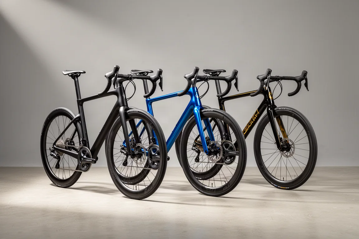 Three endurance road bikes with carbon frames and deep-section wheels on a pale concrete floor