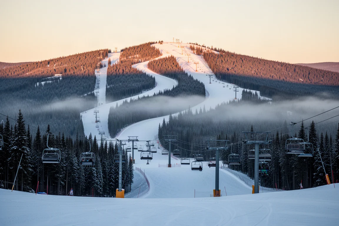 Weite Blickaufnahme zur goldenen Stunde eines schneebedeckten Skiresorts mit Liften und präparierten Pisten