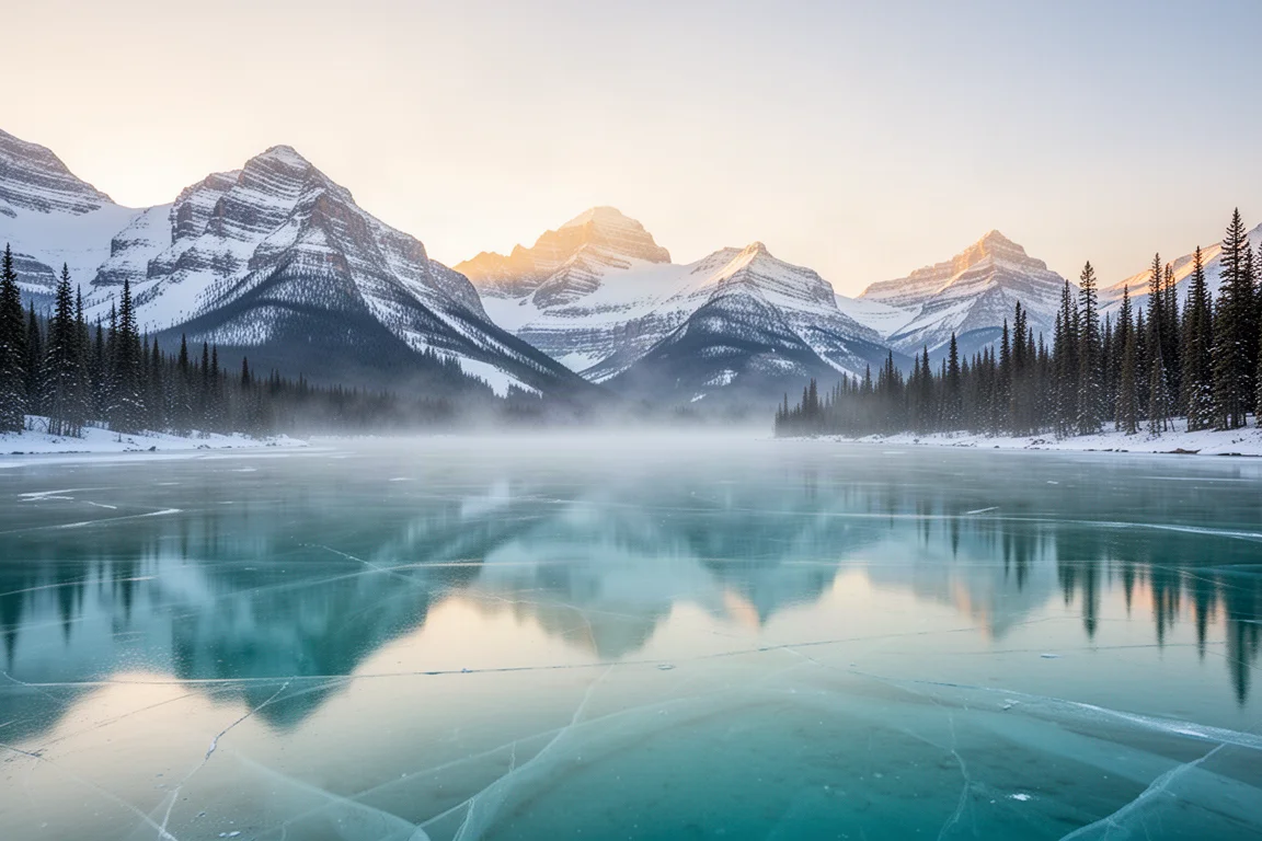 Eingefrorener türkisfarner See unter schneebedeckten Gipfeln bei Sonnenaufgang in den kanadischen Rocky Mountains
