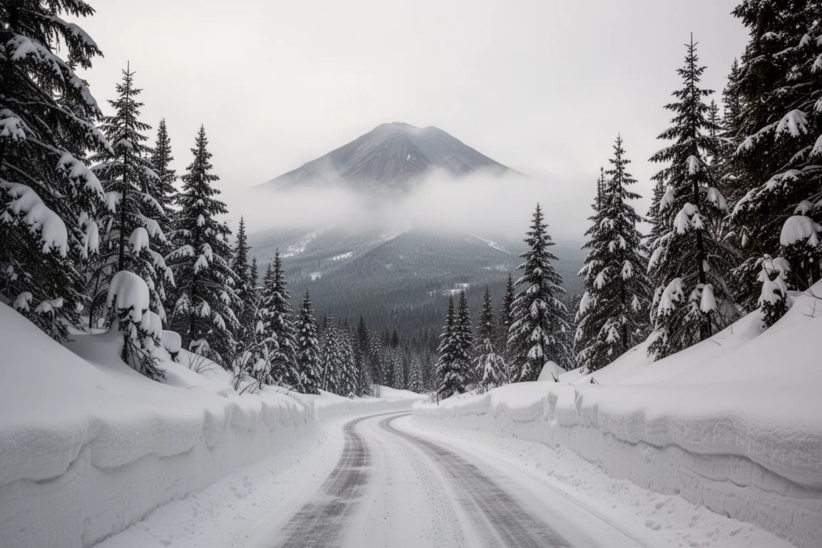 Schneebedeckte Straße, die durch hohe Schneewehen zu einem wolkenumschlungenen Gipfel führt