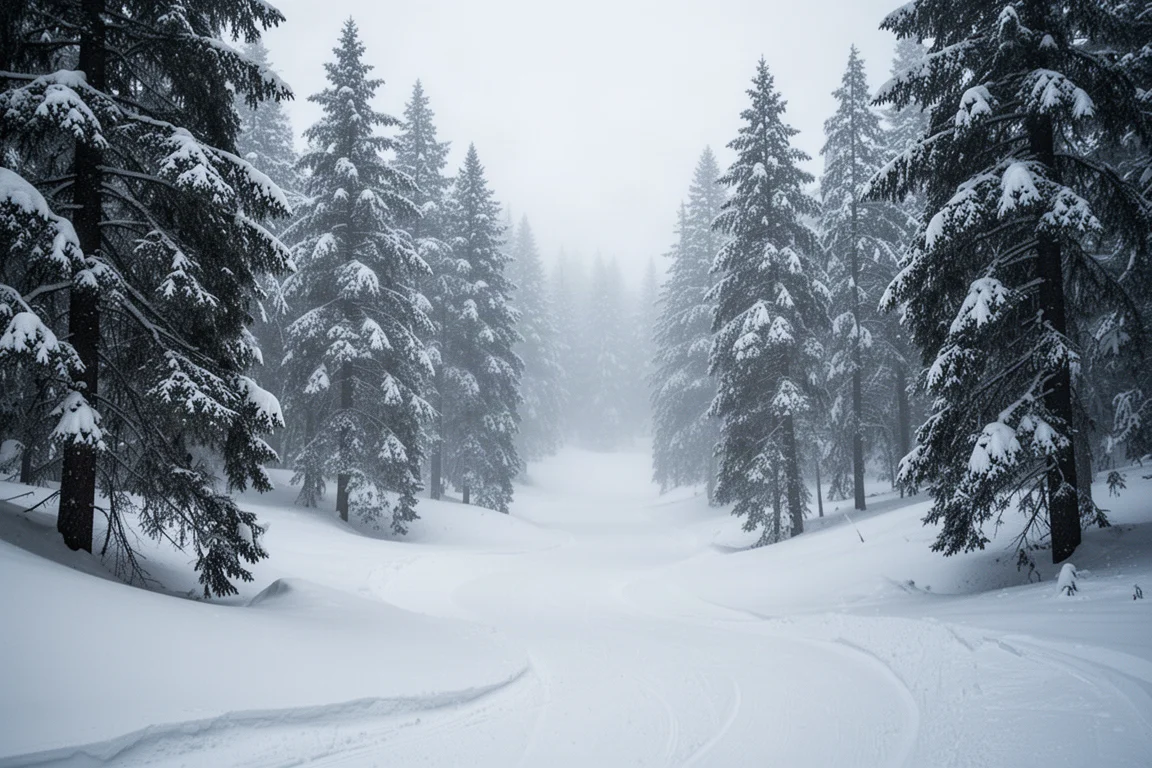 Pulverschnee-Abfahrt durch verschneite Nadelbäume mit ziehendem Nebel