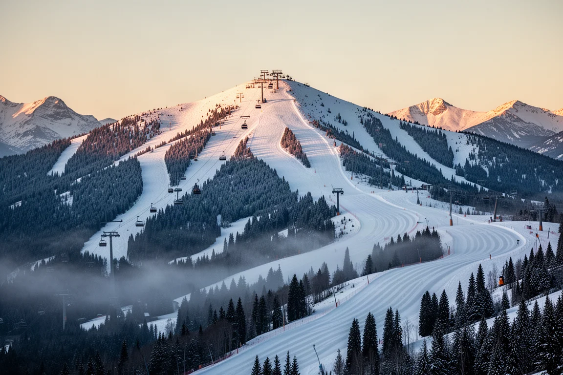 Golden-hour alpine panorama with snowy ridge, chairlift, and groomed ski runs