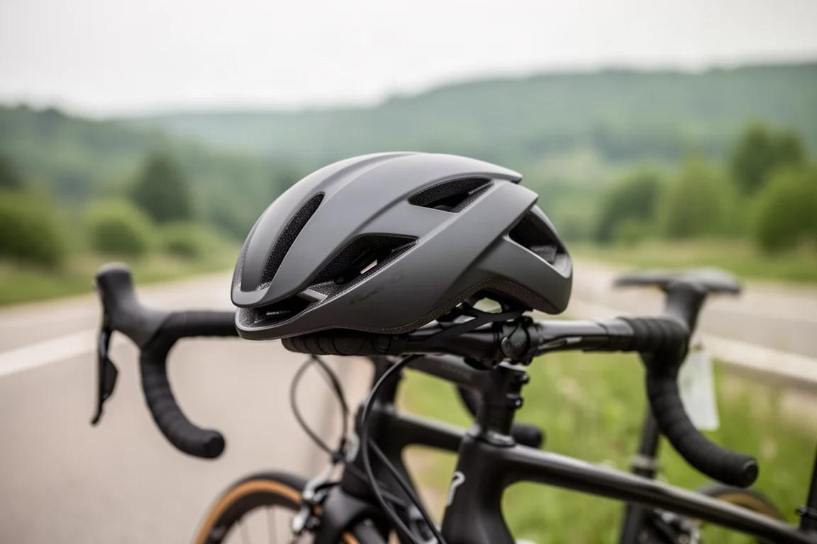 Aero-Rennradhelm, der bei einem Stopp am Straßenrand auf dem Lenker liegt