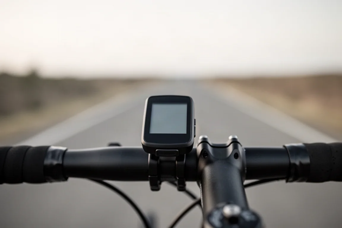 Kompakter Bikecomputer am Lenker montiert, davor verschwommene Straße