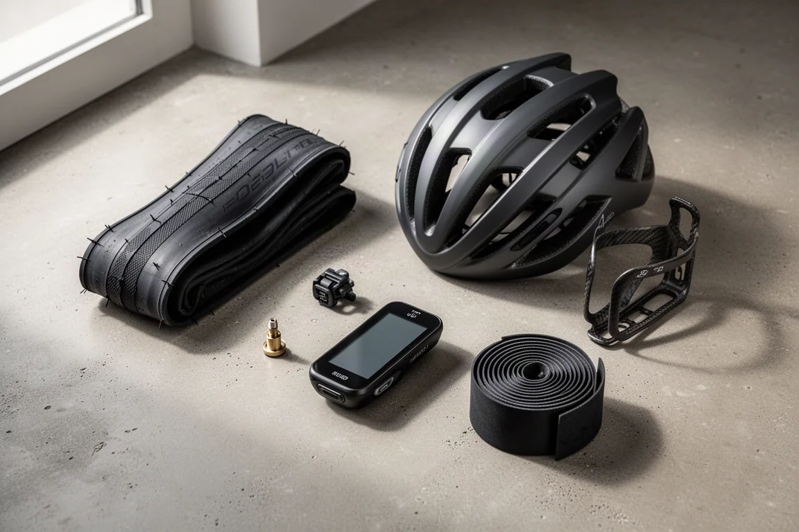 Flat-lay of road bike upgrades including tire, valve, aero helmet, bottle cage, computer and bar tape