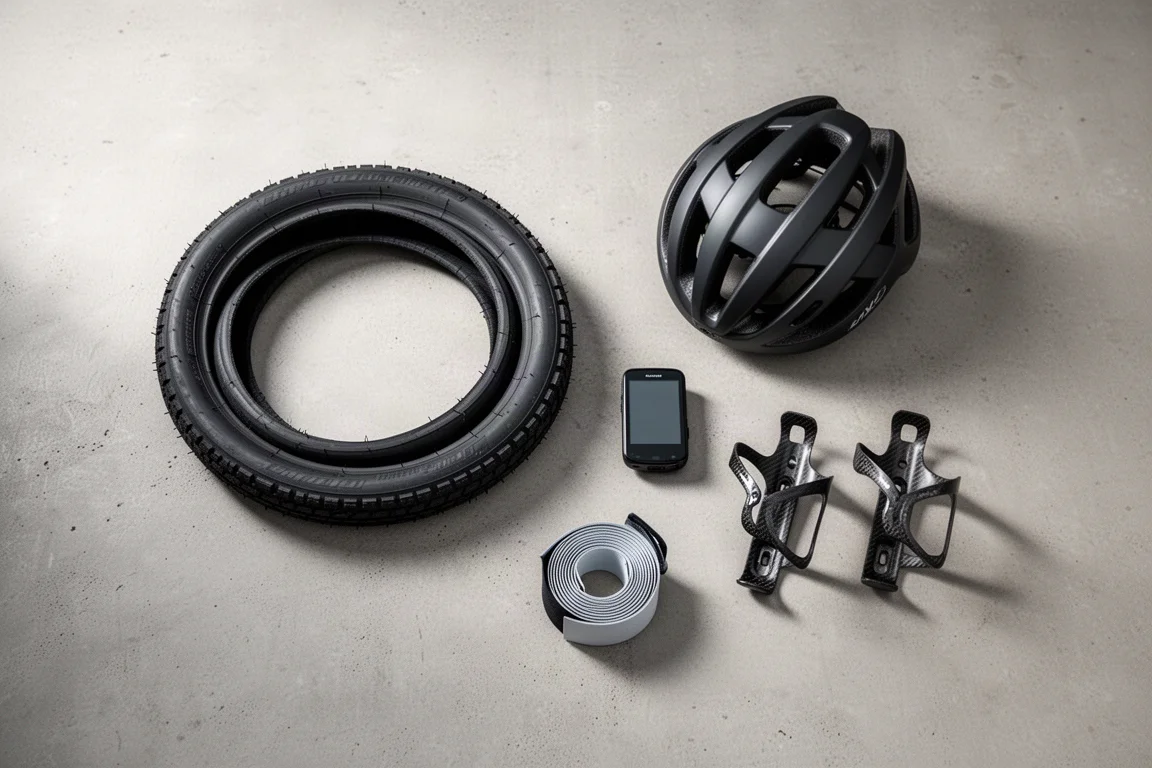 Vue à plat de pièces d'upgrade pour vélo de route, dont un pneu, un casque et un compteur, sur du béton