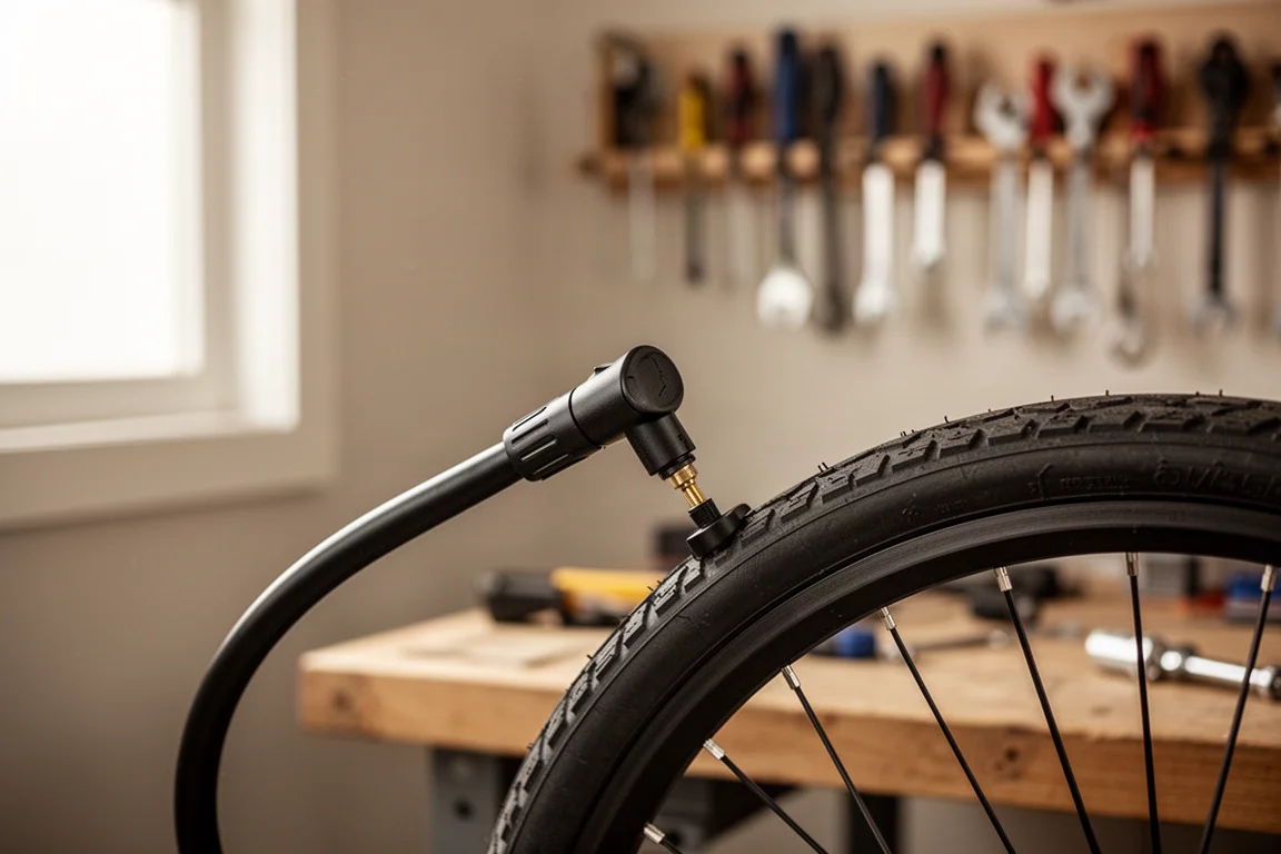 Tête de pompe à pied enclenchée sur une valve de roue de vélo dans un atelier domestique