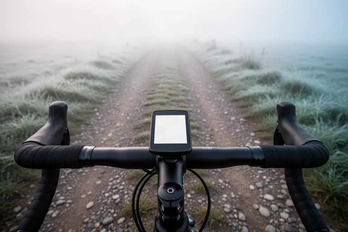Compteur vélo monté sur le cintre, sur un chemin de gravel à l'aube