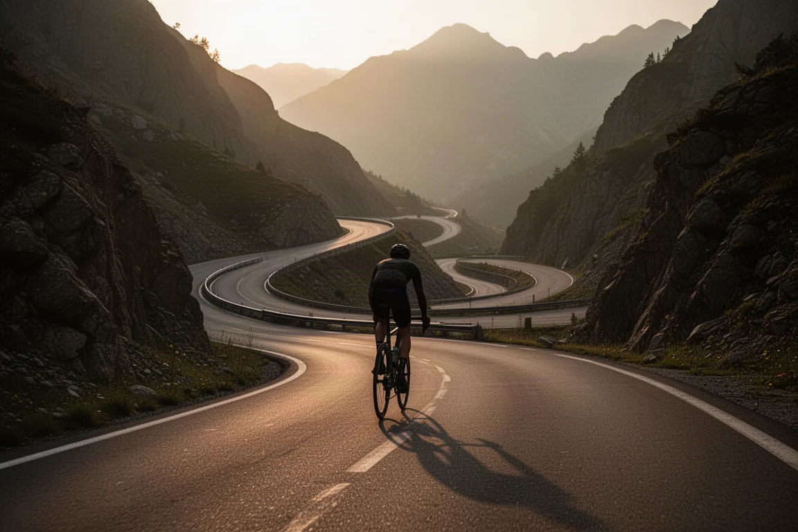 Cycliste sur route gravissant un col dans la lumière dorée du soir