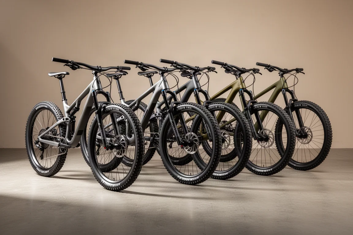 Fem aluminiumtrailmountainbikes uppradade på en matt betongyta