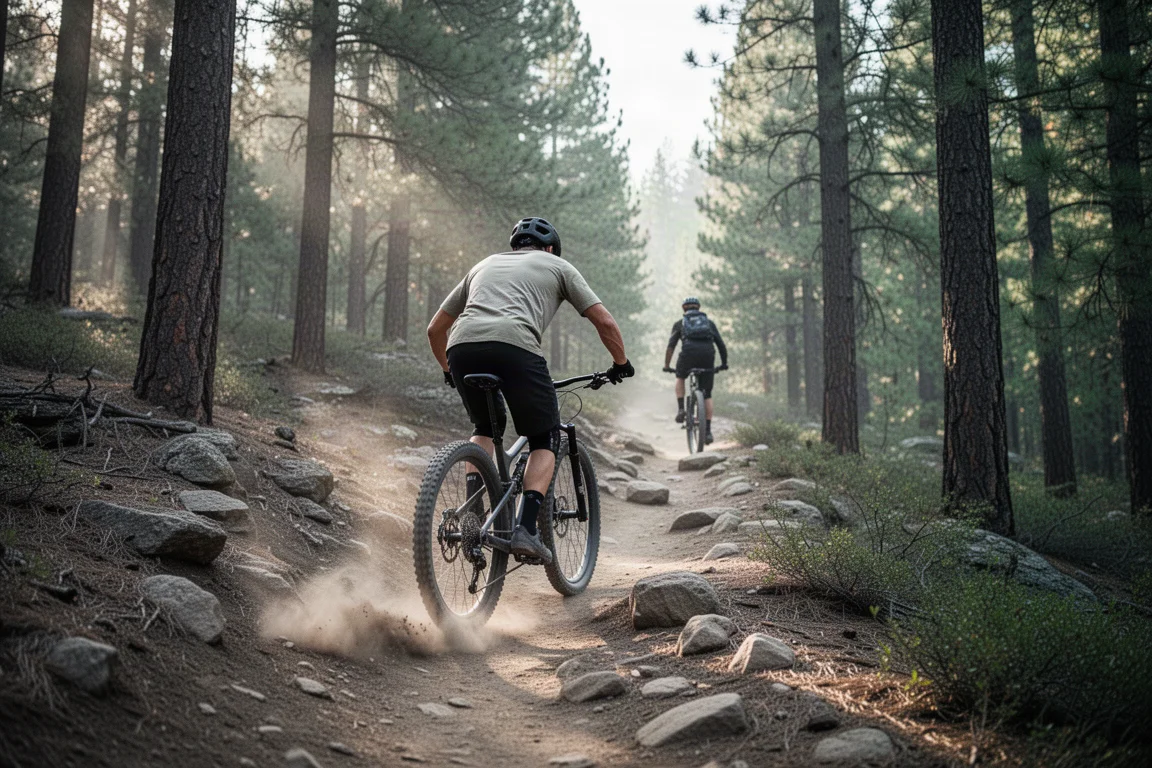 Mountain biker climbing a rocky singletrack trail through a pine forest