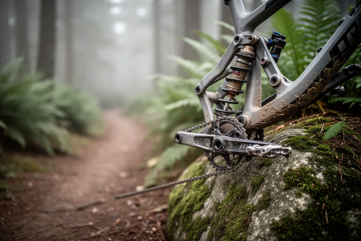 Close-up of a full suspension mountain bike rear shock and linkage on a trail