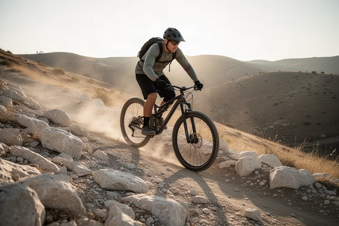 Mountain bike descending a loose rocky trail in late afternoon light