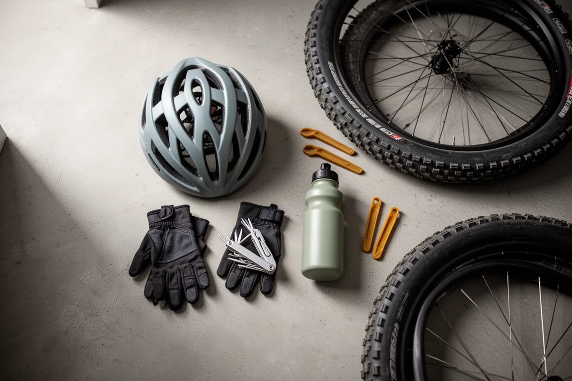 Flat lay of trail riding gear on concrete beside a mountain bike tyre