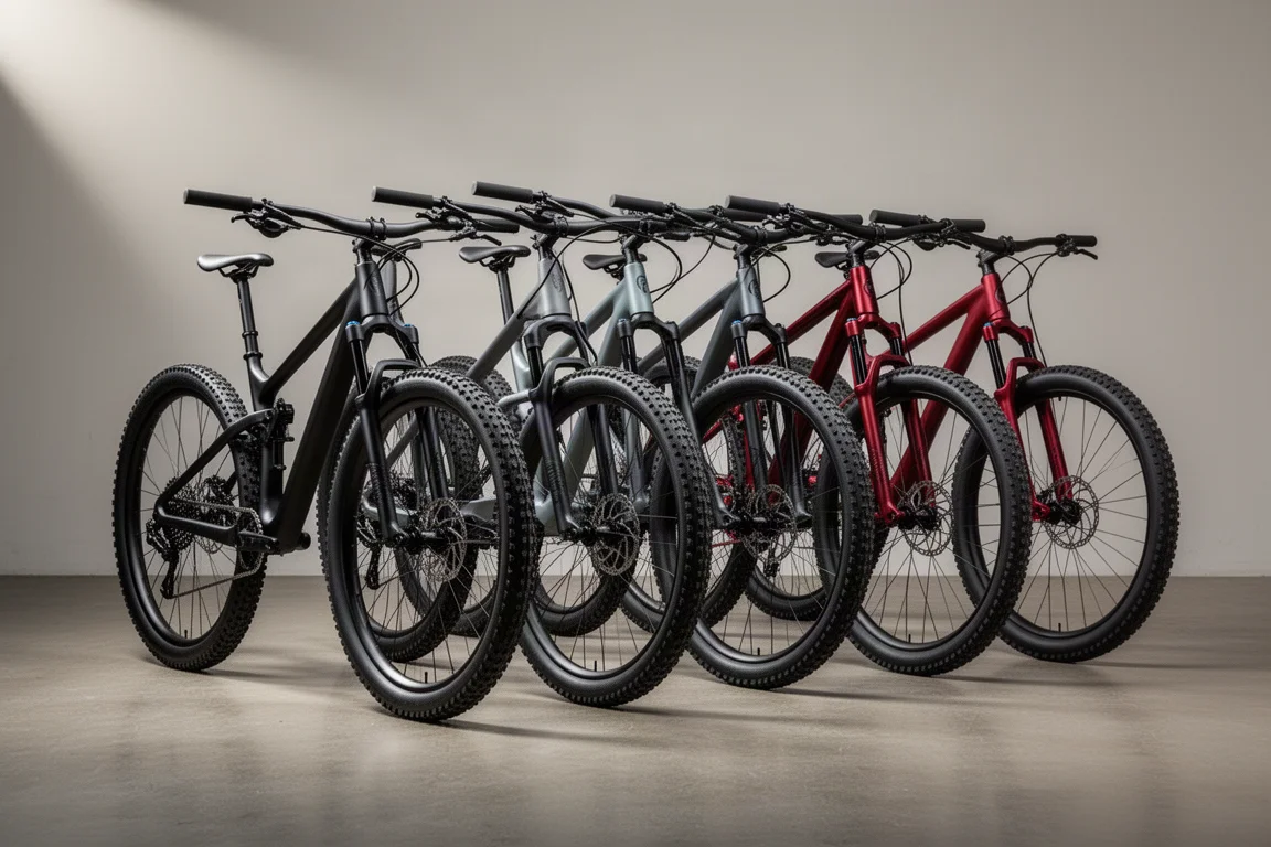 Five trail mountain bikes lined up on a concrete floor in studio light