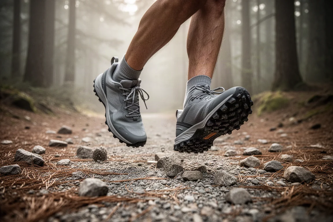 Runner's feet in trail shoes moving along a gravel forest trail