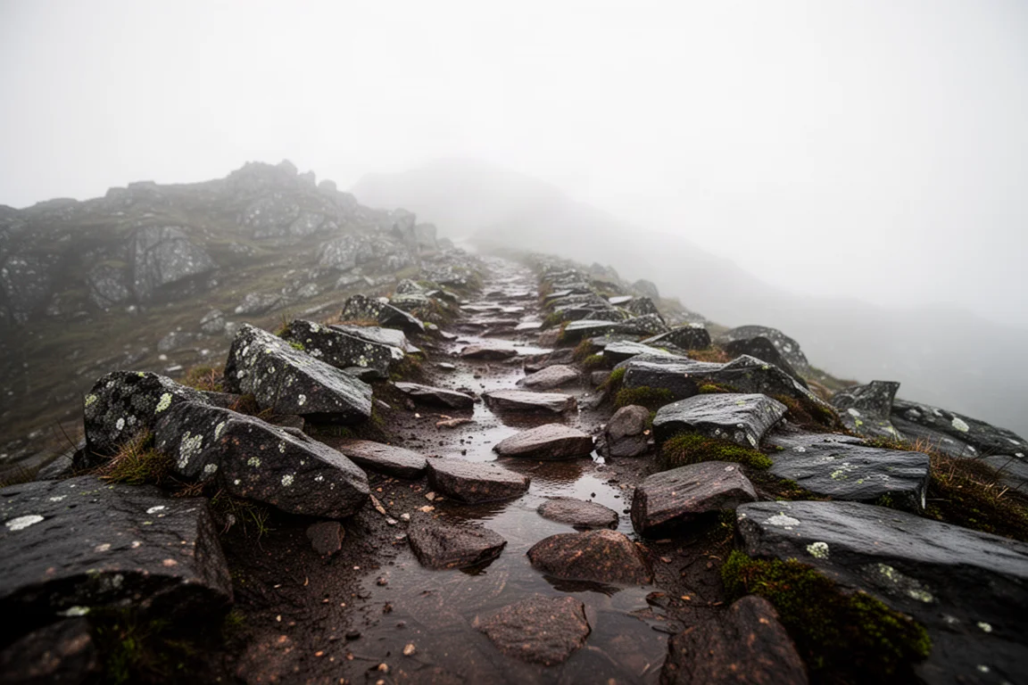 Wet rocky trail with mossy stones in soft overcast light