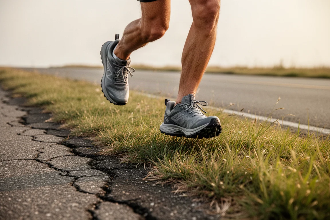 Runner's feet in trail shoes crossing a grassy fire road