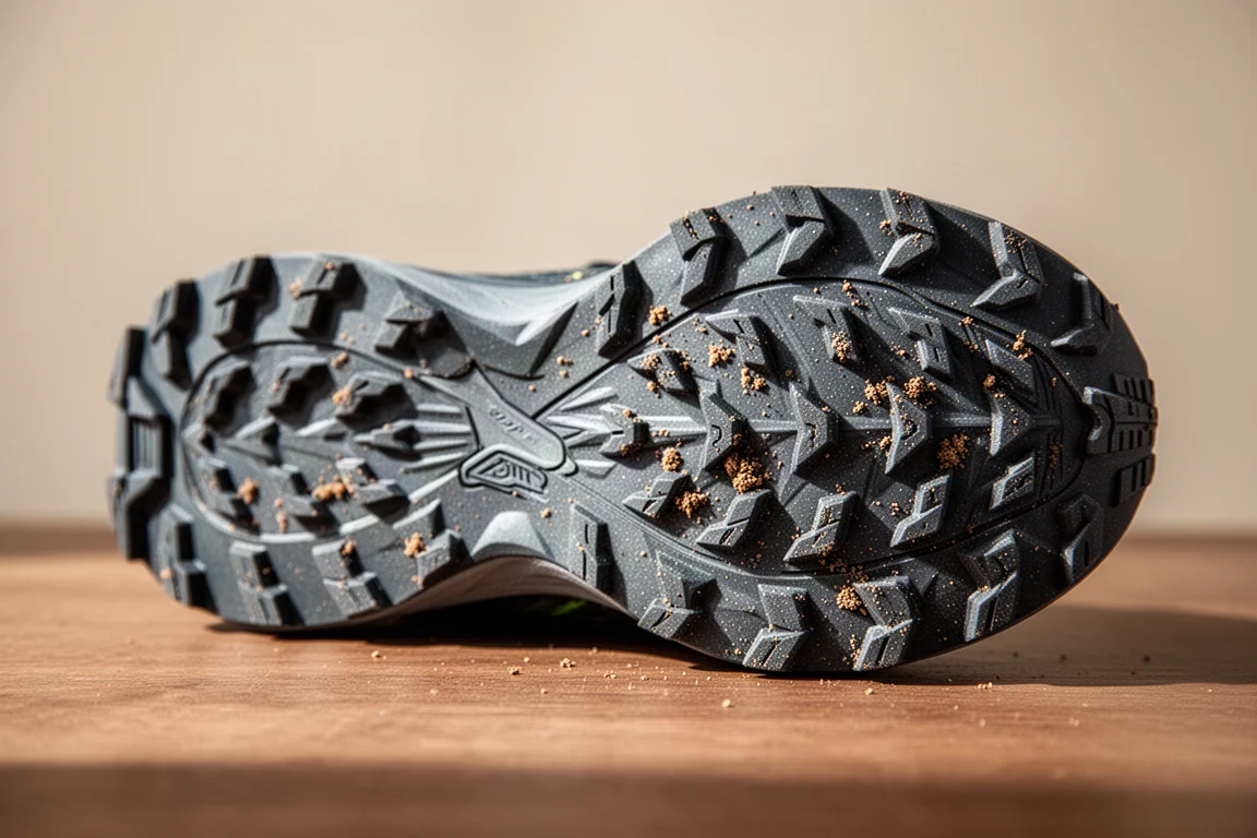 Close-up of aggressive rubber outsole lugs on a trail shoe