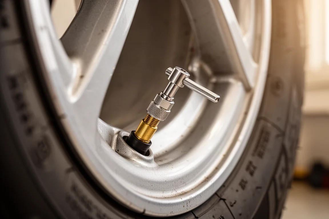 Valve core tool engaging a Schrader valve stem on a tire wheel