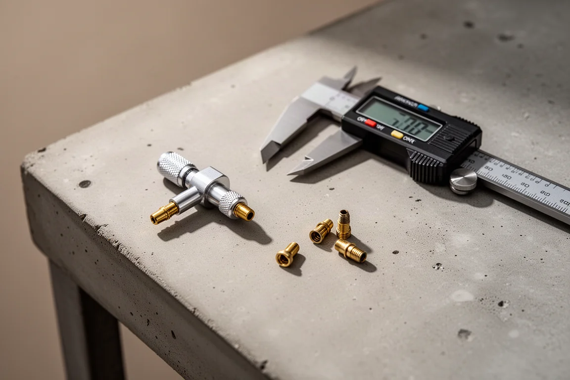 Compact valve core tool resting on a workbench beside digital calipers