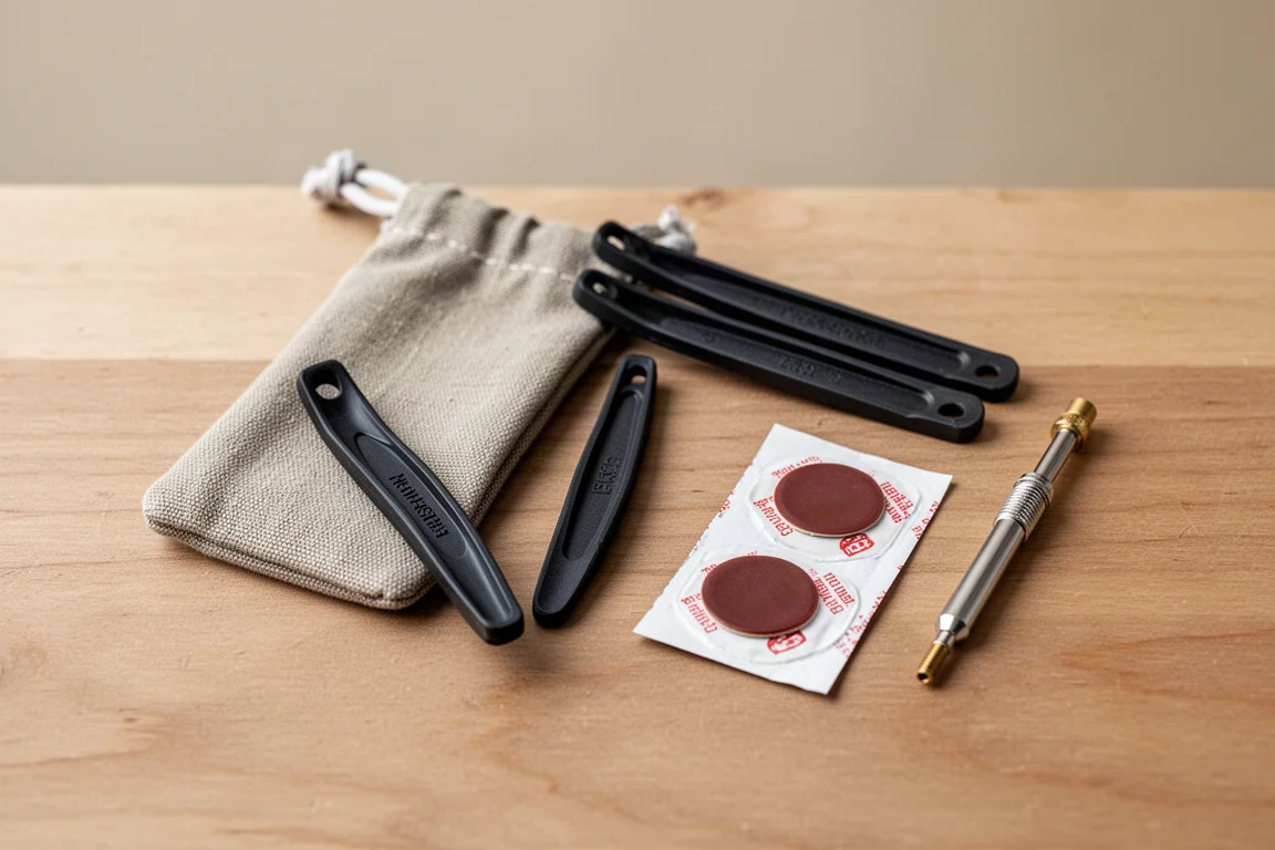 Bicycle tire repair kit laid out on a garage floor with a small valve tool