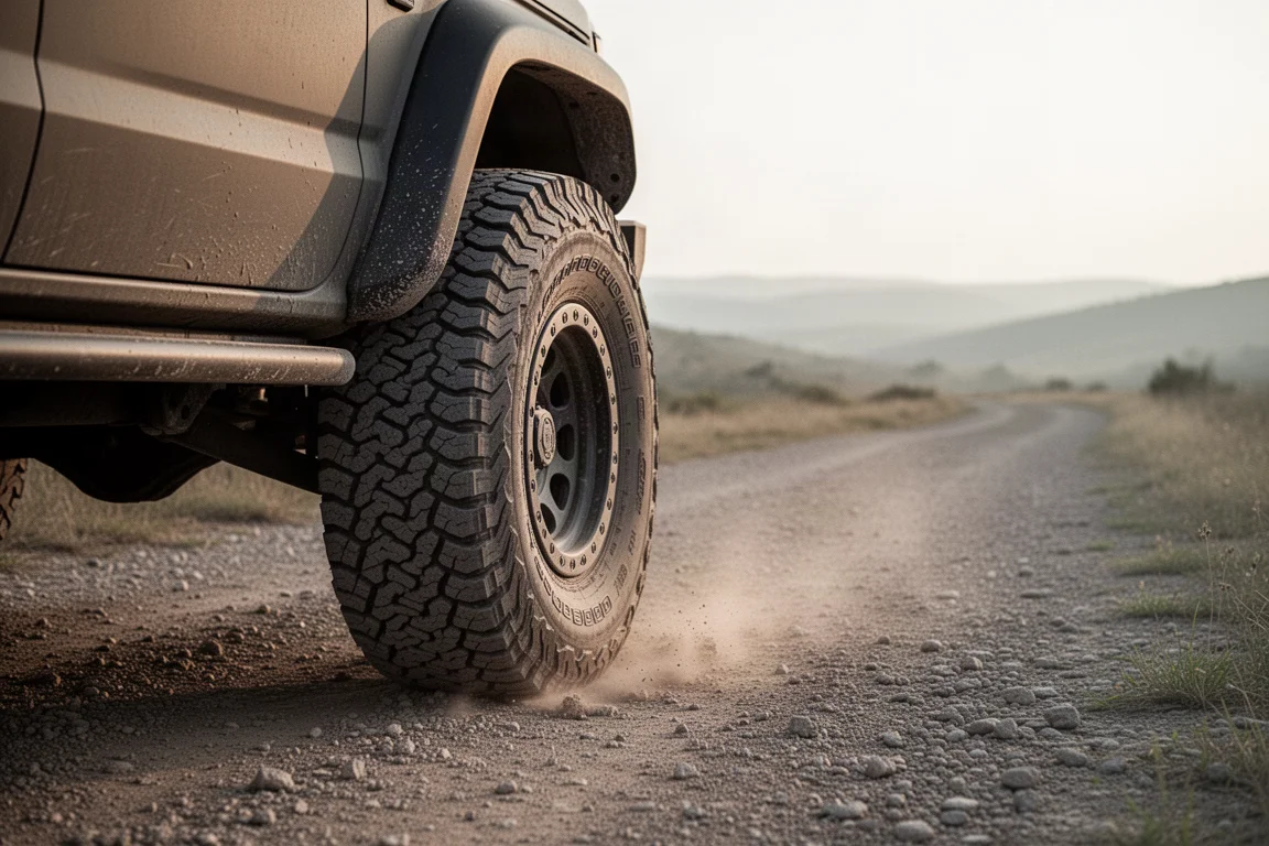 Off-road vehicle tire deflated on a gravel trail at dusk