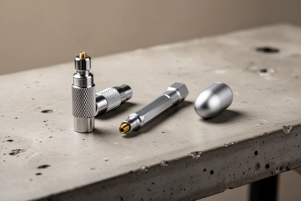 Three small valve core tools arranged on a concrete workbench