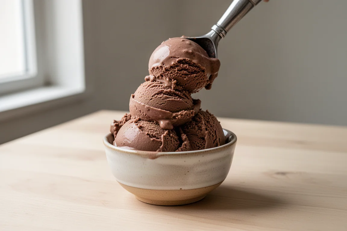 Bolas de helado de chocolate sin lácteos servidas en cuencos
