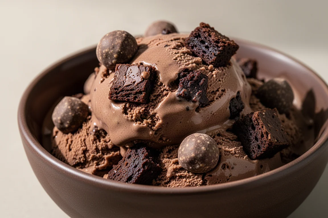 Primer plano de helado de chocolate con trozos de brownie en un cuenco