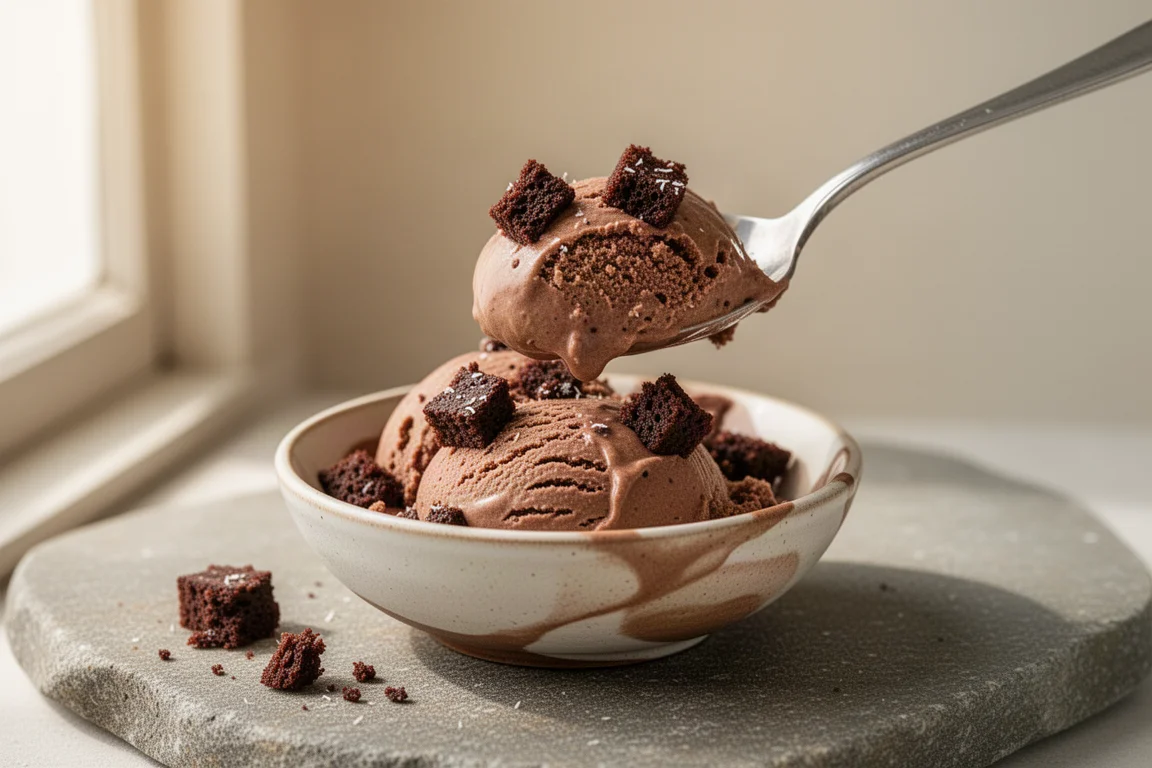 Helado de chocolate con trozos de tarta y notas de coco servido en una cuchara