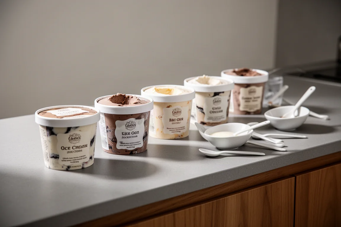 Varios envases de helado sin lácteos alineados en una encimera de cocina