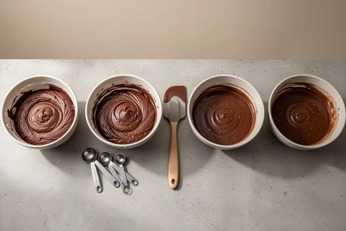 Twelve bowls of cake batter lined up on a kitchen counter ready for baking