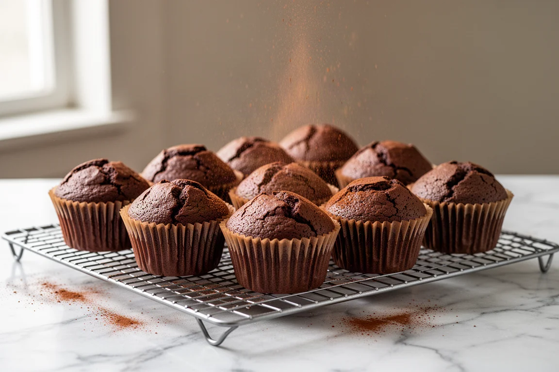 Freshly baked vegan chocolate cupcakes cooling on a wire rack